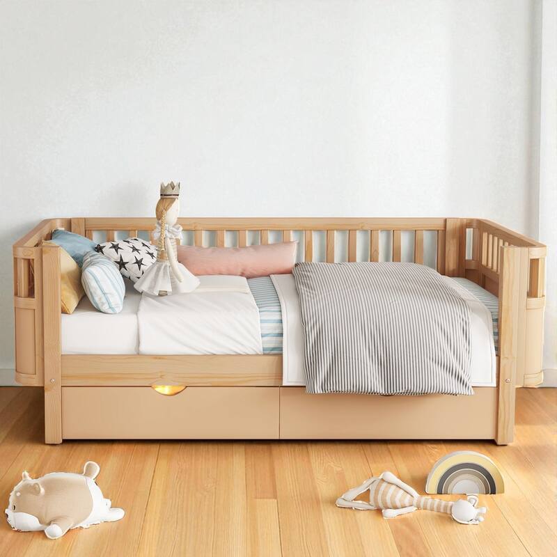 Twin/Full Size Wooden Platform Bed with Safety Rails and 2 Storage Drawers, Low Profile Kids Bed Frame