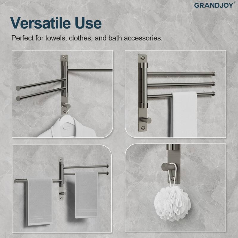GRANDJOY Wall-Mounted Stainless Steel Swivel Towel Bar with 3 Rotatable Arms