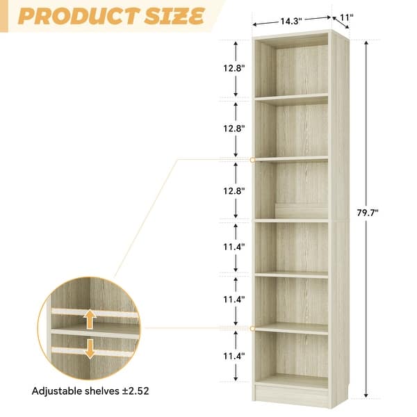 dimension image slide 2 of 6, 80" Tall 6-Tier Bookcase With 2 Adjustable Shelves, Modern Open Storage Shelf for Home Office and Bedroom