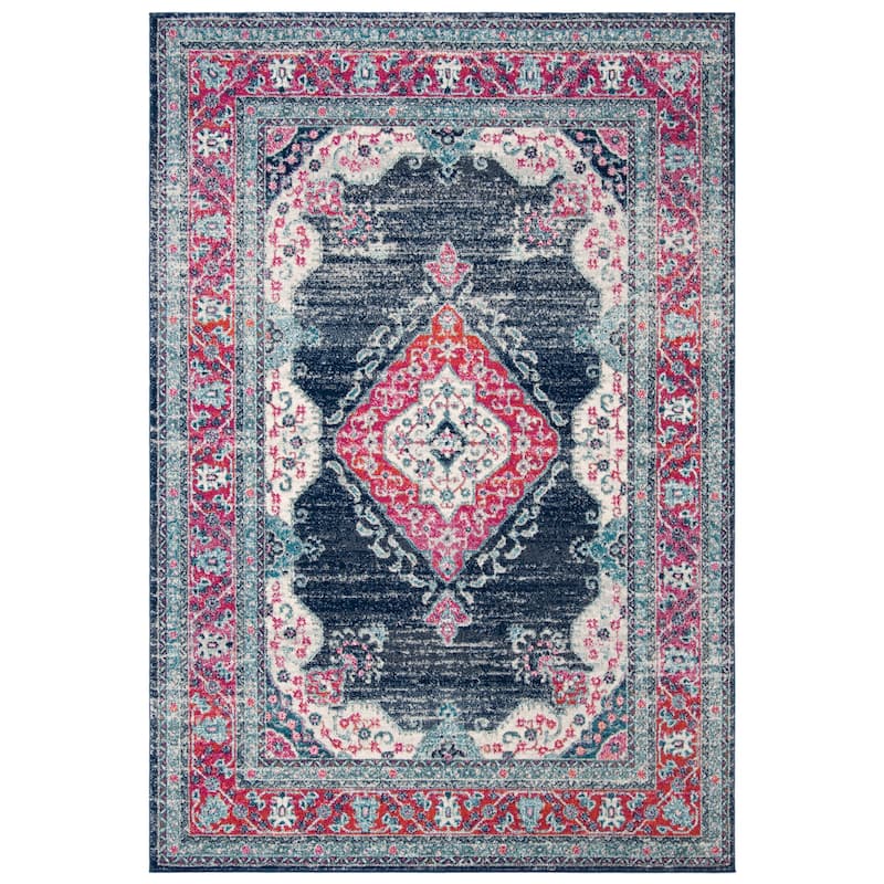 SAFAVIEH, Evoke Seniha Vintage Boho Medallion Rug - 5'3" x 7'6" - Navy/Fuchsia