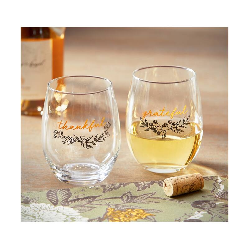 18 oz. Thankful Stentiment Clear Glass Stemless Wine Drinkware Dishwasher Safe Beverage Glassware Dinner Party Wedding