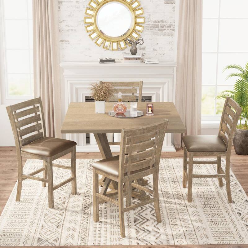 5-Piece Counter Table Set - Square Solid Wood, Modern Farmhouse Rustic Distressed Look