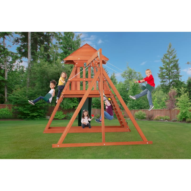 Cedar Chalet Wooden Swing Set with Slide, Climbing Wall & Ladder