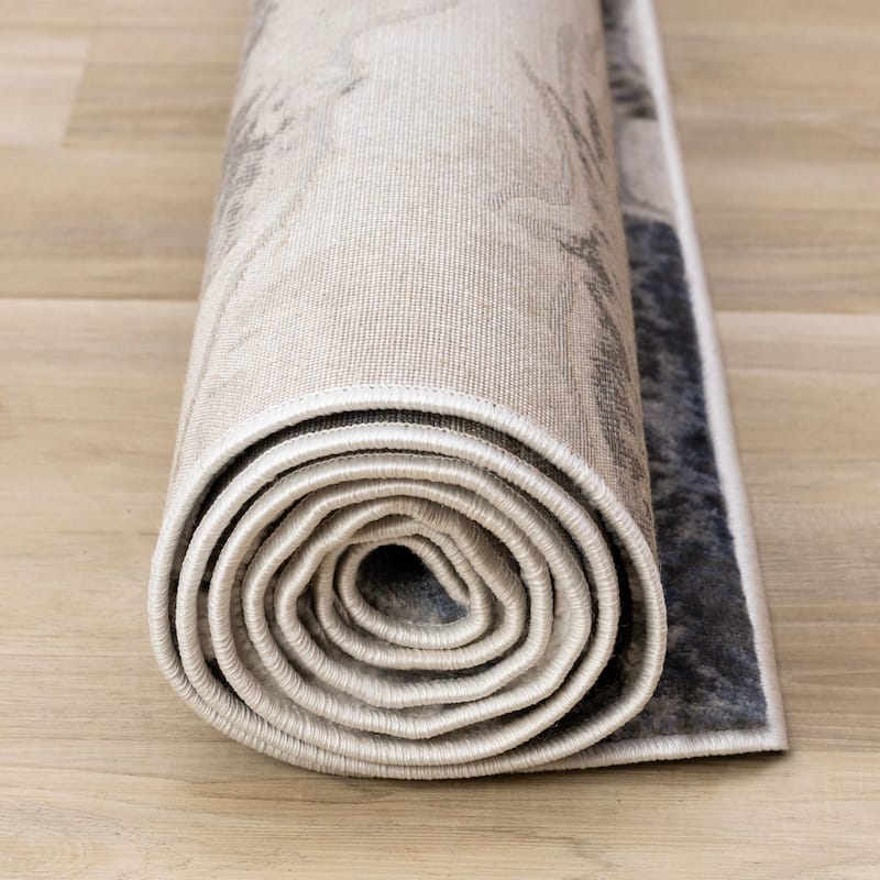 Blue Cream Grey Abstract Modern Area Rug, 5'3" x 7'7"