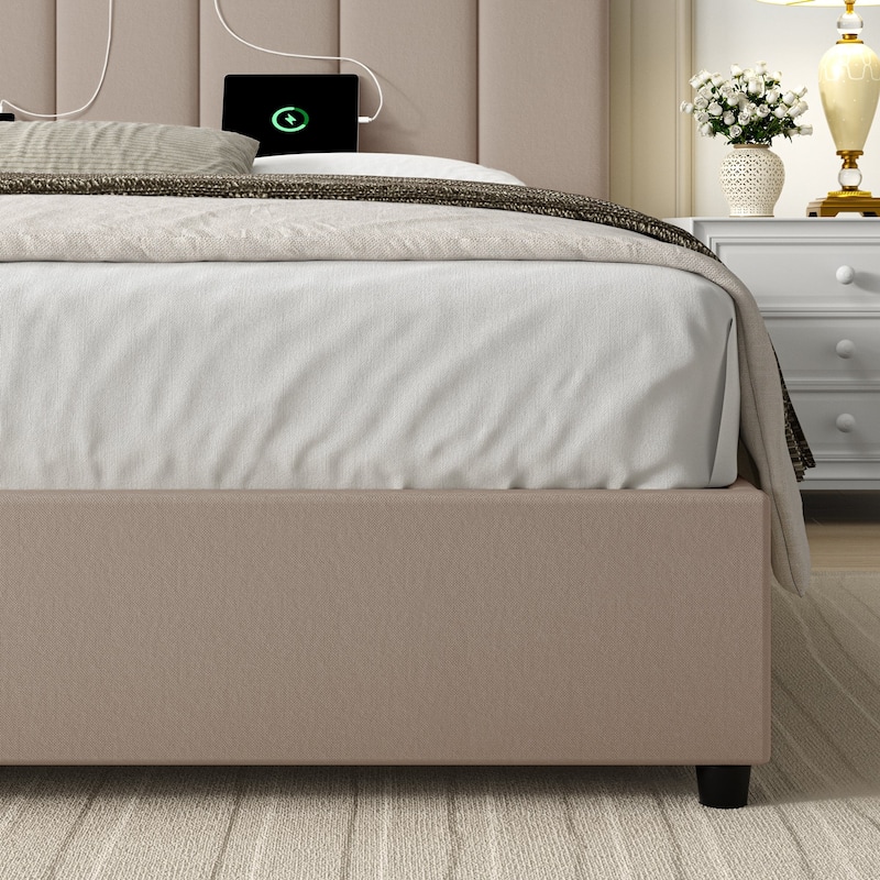 VECELO Platform Bed Frame with Type-C & USB Charging Stations Upholstered Adjustable Headboard Strong Wooden Slats Support