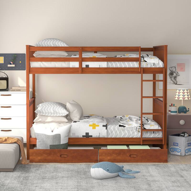 Twin-Over-Twin Bunk Bed with Ladders and Two Storage Drawers in Walnut Finish