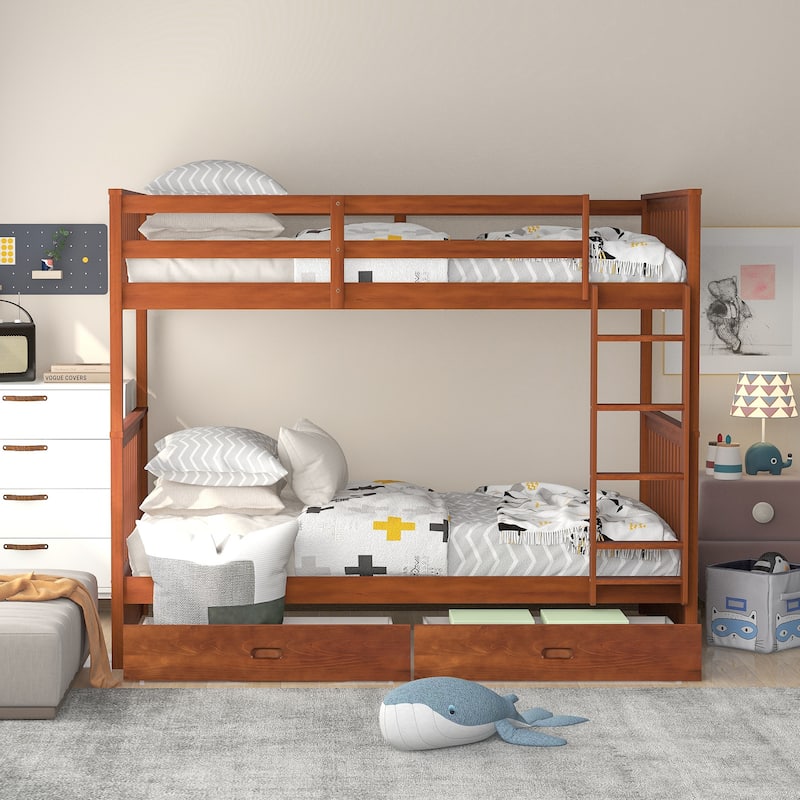 Twin-Over-Twin Bunk Bed with Two Storage Drawers, Separates into Two Beds, Sturdy Pine Wood Frame, Multiple Colors