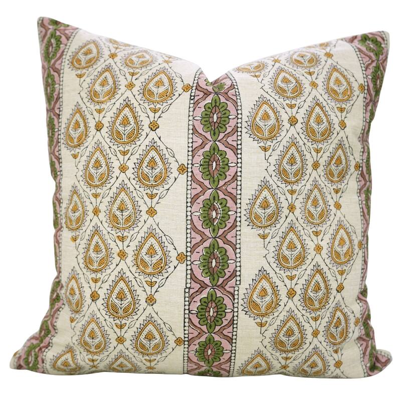 Fabdivine Sustainable Floral Cushion Cover Farmhouse or Boho Fall or Home Throw Décor Mustard Pillowcase 24x24 Inch, Paan Patti