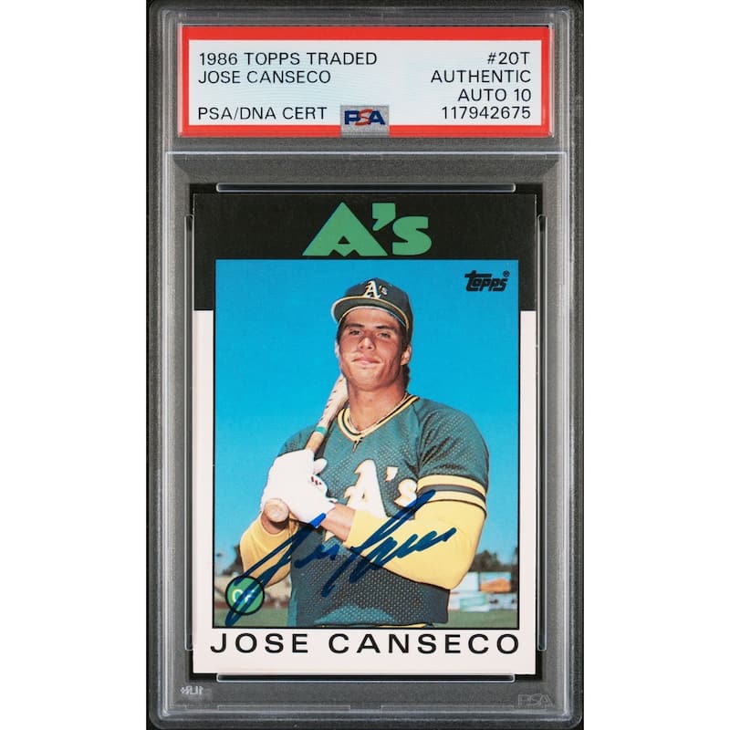 Jose Canseco 1986 Topps Traded Signed Baseball Rookie Card #20T Auto Graded PSA 10 Cert # 117942675 - 8' x 11'
