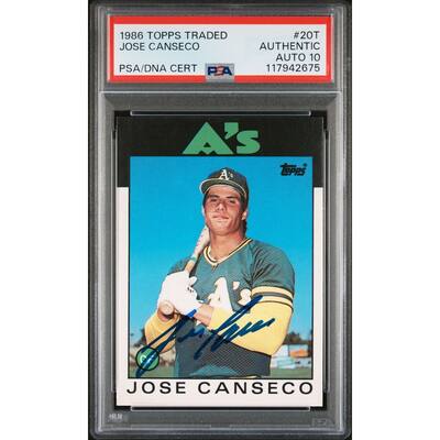 Jose Canseco 1986 Topps Traded Signed Baseball Rookie Card #20T Auto Graded PSA 10 Cert # 117942675 - 8' x 11'