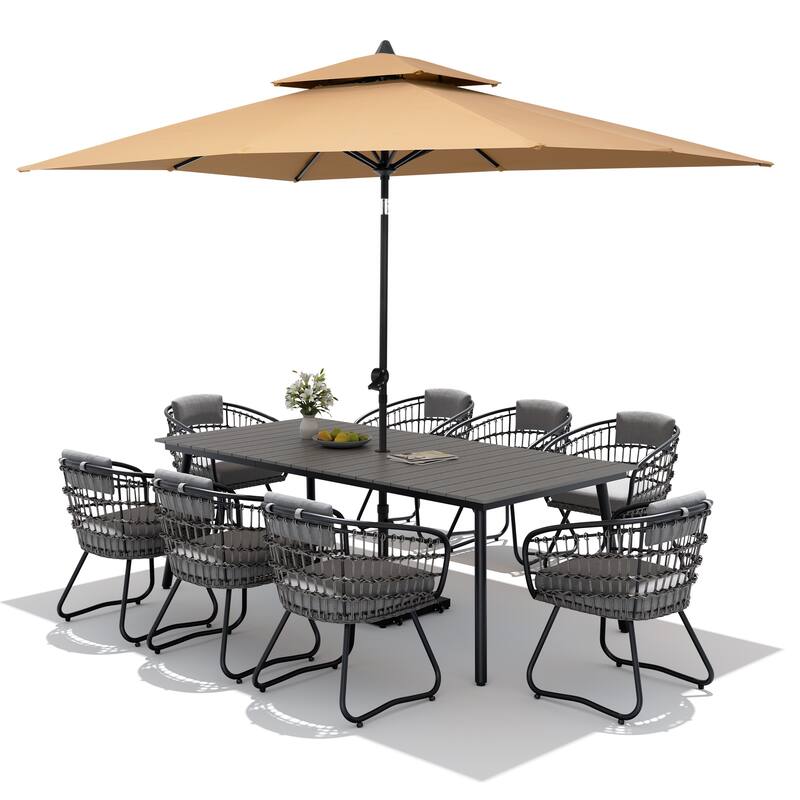 11PC Outdoor Patio Dining Set WoodLike Aluminum Umbrella Hole Table with Rattan Chairs,Double Top Market Umbrella and Wheel Base