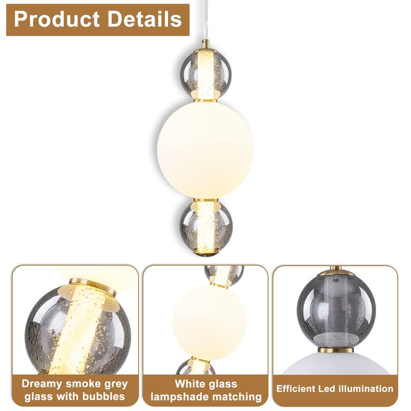 3-Light Modern Gold LED Pendant Light with White & Smoke Glass Globes - Dia.7.09-in