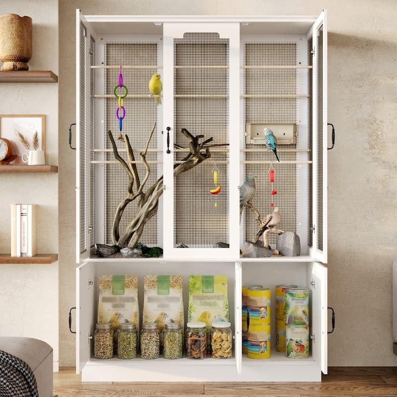 Large Wooden Bird Cage Cabinet with Storage, White Aviary Hutch with Black Metal Mesh, Tall Indoor Parrot Cage Furniture