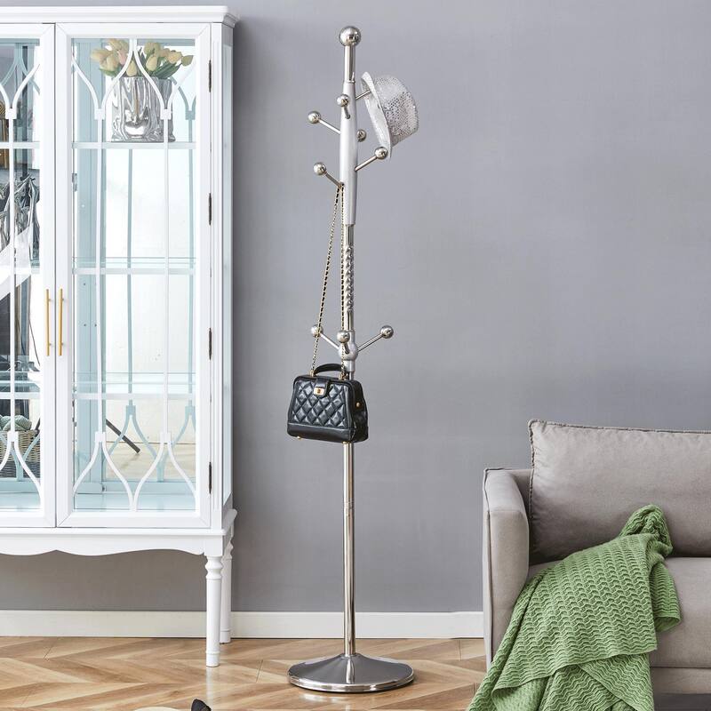 Modern Stainless Steel Coat Rack Painted Coat Rack with Detachable Support and Heightened Design - Silver