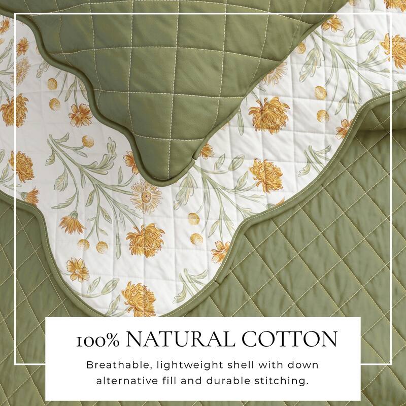 Linery & Co. Cotton Stitched Reversible Floral 3 Piece Scalloped Quilt and Sham Set