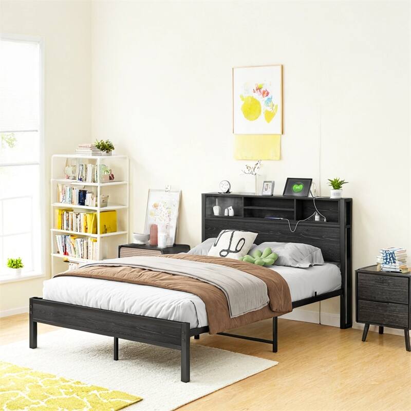 Full Size Bed Frame with Storage,Metal Platform Bed w/Charging Station