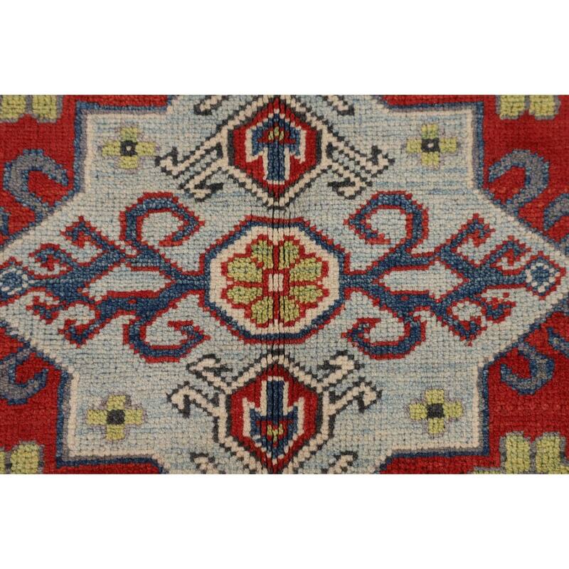 Gray Geometric Kazak Area Rug Living Room Handmade Wool Carpet - 5'7" x 7'3"