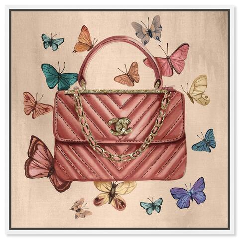 "Vintage Butterflies Glam Bag", Luxury French Bag Glam Pink Framed Canvas Wall Art Print for Bedroom