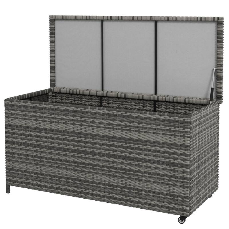 83 Gallon Deck Box, PE Wicker Trunk with Wheels for Garden Tools