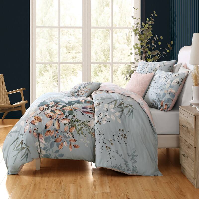 Bebejan Peach Leaves on Sage 100% Cotton 5-Piece Reversible Comforter Set