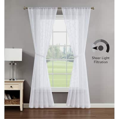 Creative Home Ideas Selena Embroidered Sheer Rod Pocket Window Curtain Panel Pair with Tiebacks