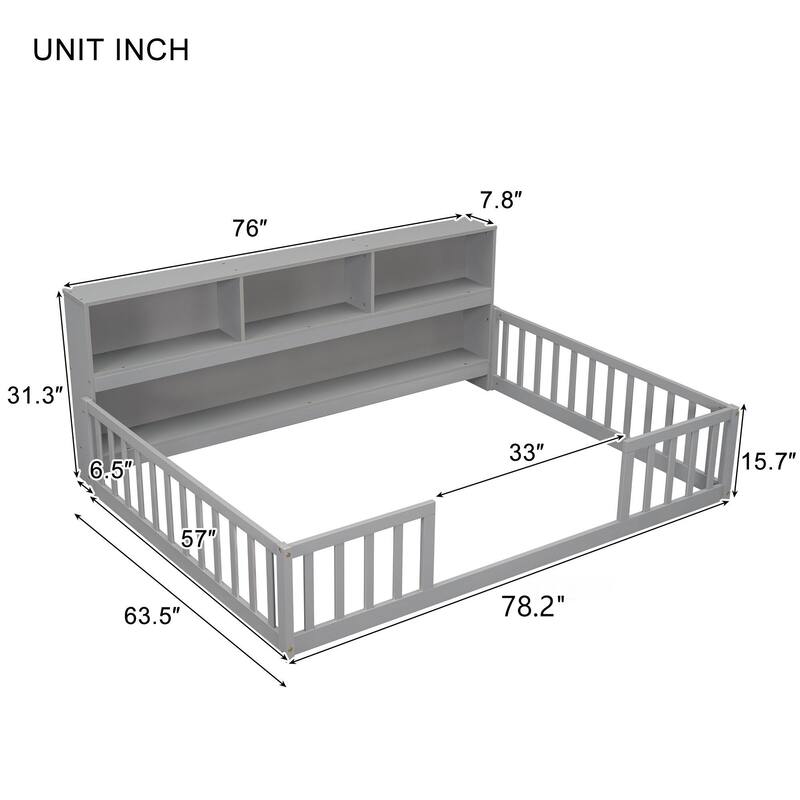 Grey Full Floor Bed with Built-in Bookcase, Shelves and Safety Guardrails
