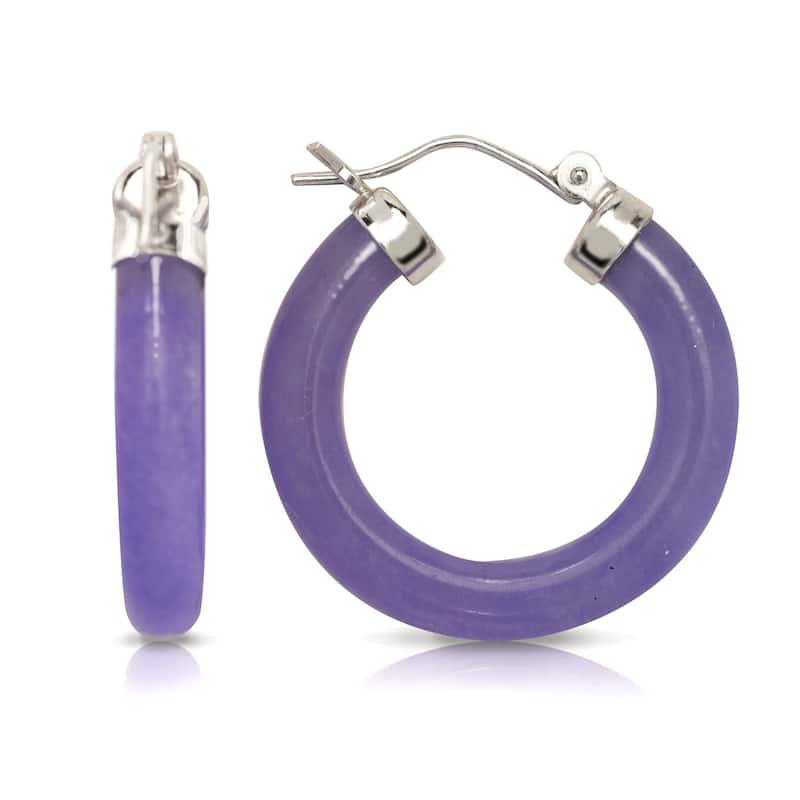 Curata Sterling Silver/Rhodium Green and Lavendar Jade or Black Onyx Tube Hoop Earrings (4mm x 26mm) - Purple