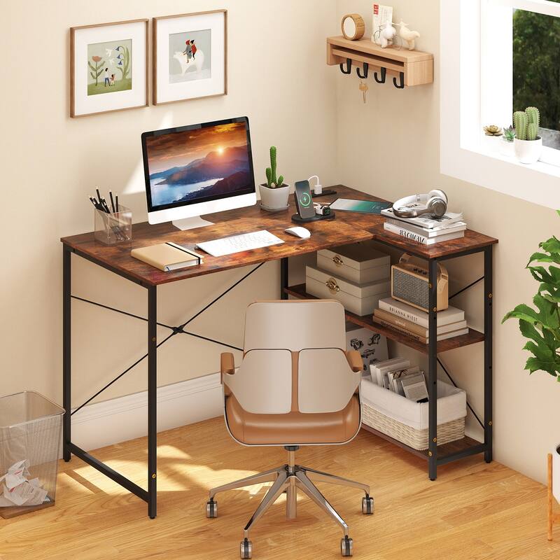 L-Shaped Engineered Wood Corner Desk with Charging Ports and Shelves