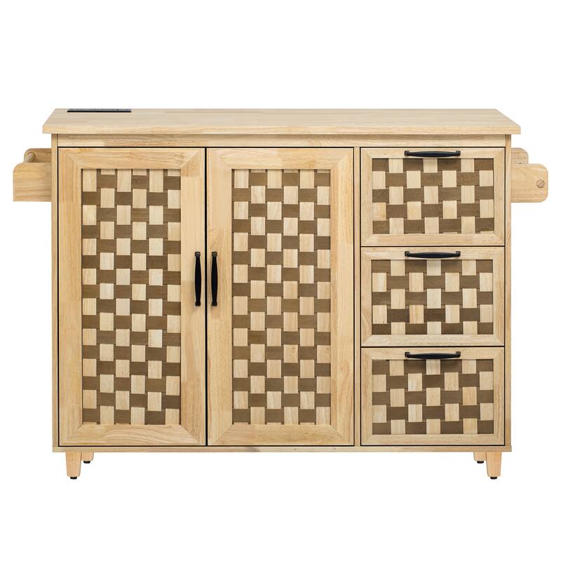 Woven Checkerboard Pattern Kitchen Island with Drop Leaf, Internal Storage Rack, 2 Cabinets & Power Outlet, Movable Kitchen Cart