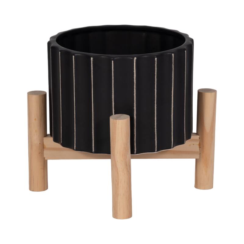 Ceramic Fluted Planter with Wood Stand - Black