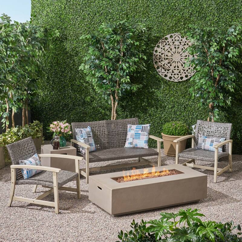 Augusta Outdoor Acacia Wood and Wicker 4 Seater Chat Set with Fire Pit by Christopher Knight Home
