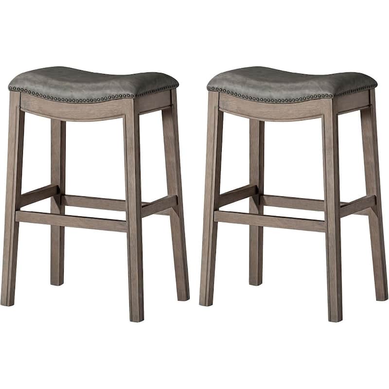 Maven Lane 31" Adrien Saddle Kitchen Bar Height Stool - N/A - Set of 2 - Reclaimed Oak Vegan Leather