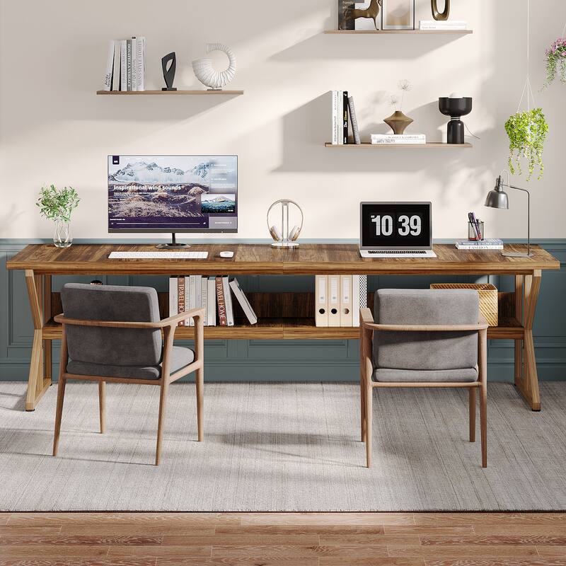78-Inch 2 Person Desk, Long Desk with Storage Shelf, Large Computer Desk Double Desk