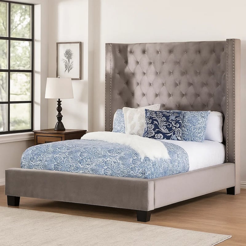 Rozy Queen Bed with Wingback Headboard, Nailhead Trim, Gray Upholstery