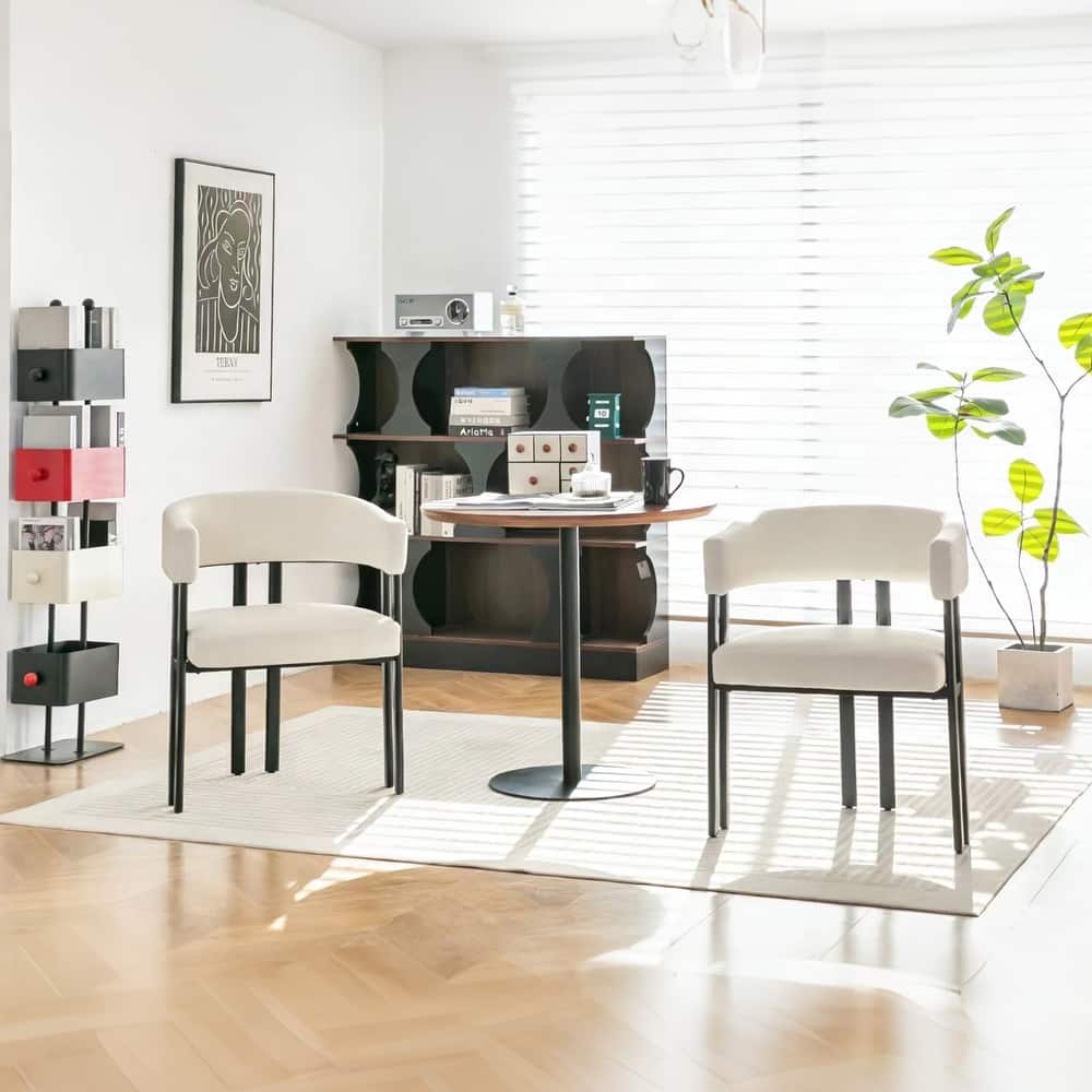 Modern Dining Chairs Set of 2, Faux Leather Upholstered Barrel Chairs with Integrated Curved Back And Armrests, Metal Frame