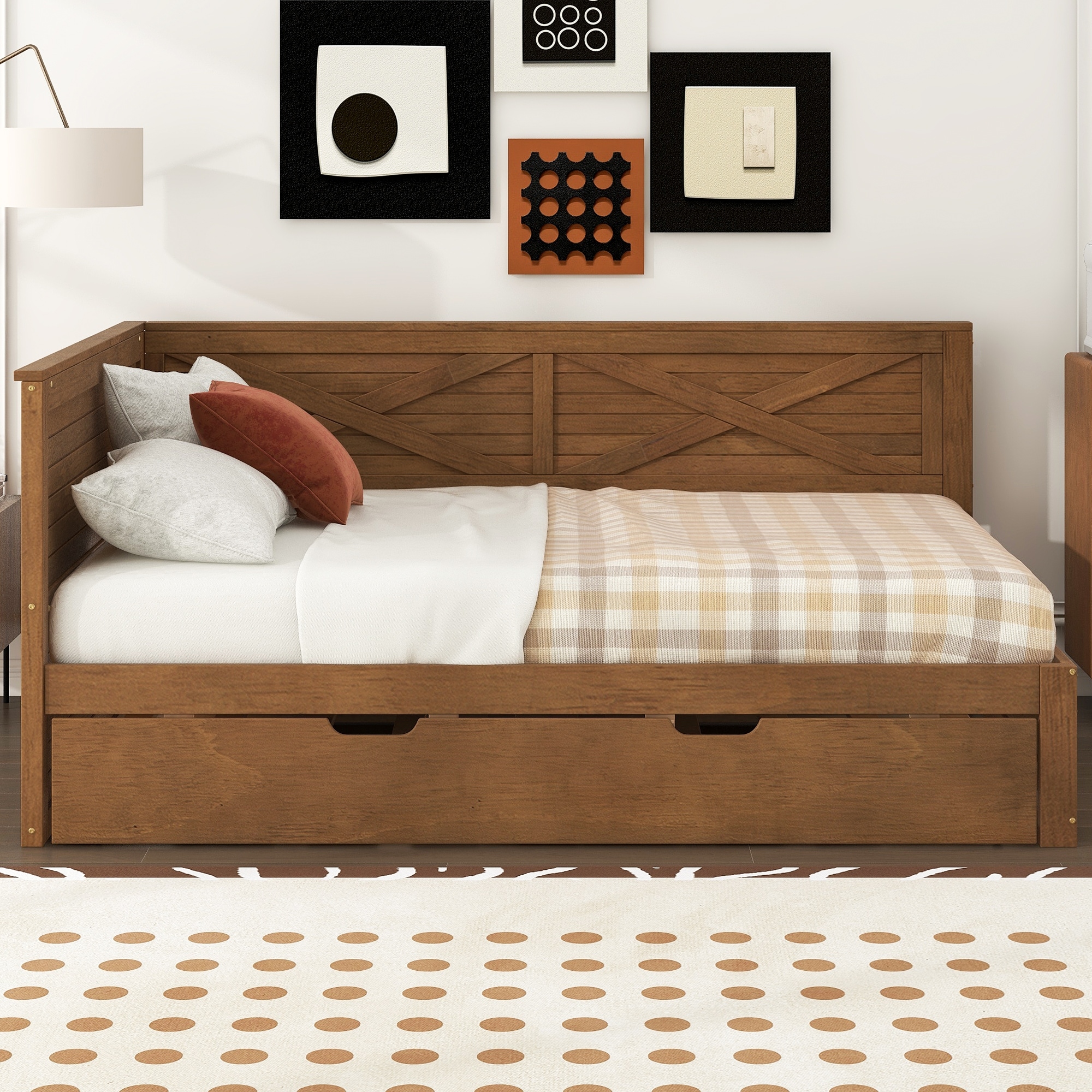 Twin Size Wood Daybed with Trundle and Rustic Guardrail, Ancient Brown