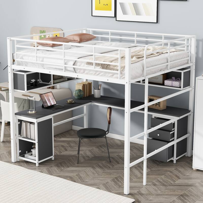 Full Metal Loft Bed with Bookcase, Desk, Cabinet, and Guardrail