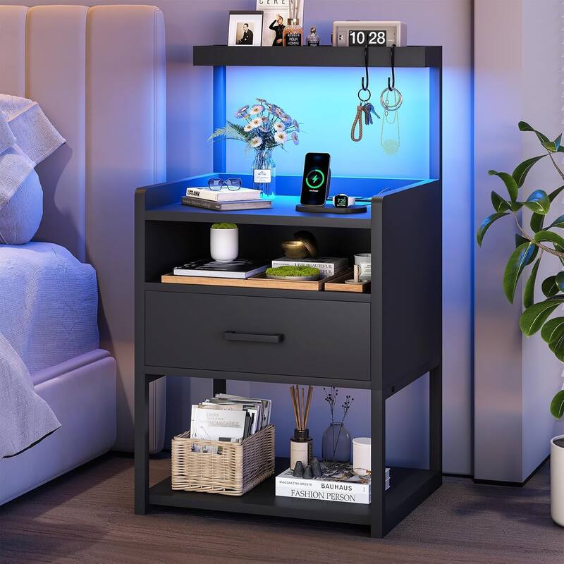 Nightstand with 1 Drawer Shelf USB Ports End Side Table
