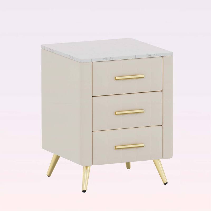 Stylish Design Upholstered Nightstand with 3 Drawers and Metal Legs & Handles