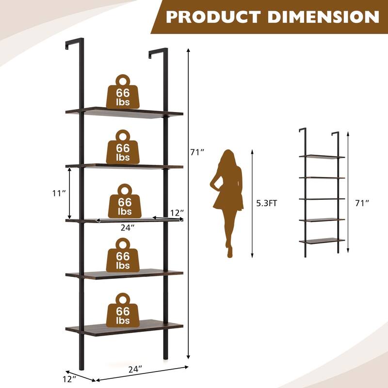 Costway 5 Tier Ladder Shelf 71'' Height Wall-Mounted Bookshelf Display - See Details