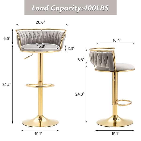 dimension image slide 1 of 24, Modern Velvet Adjustable Swivel Bar Stools Set of 2