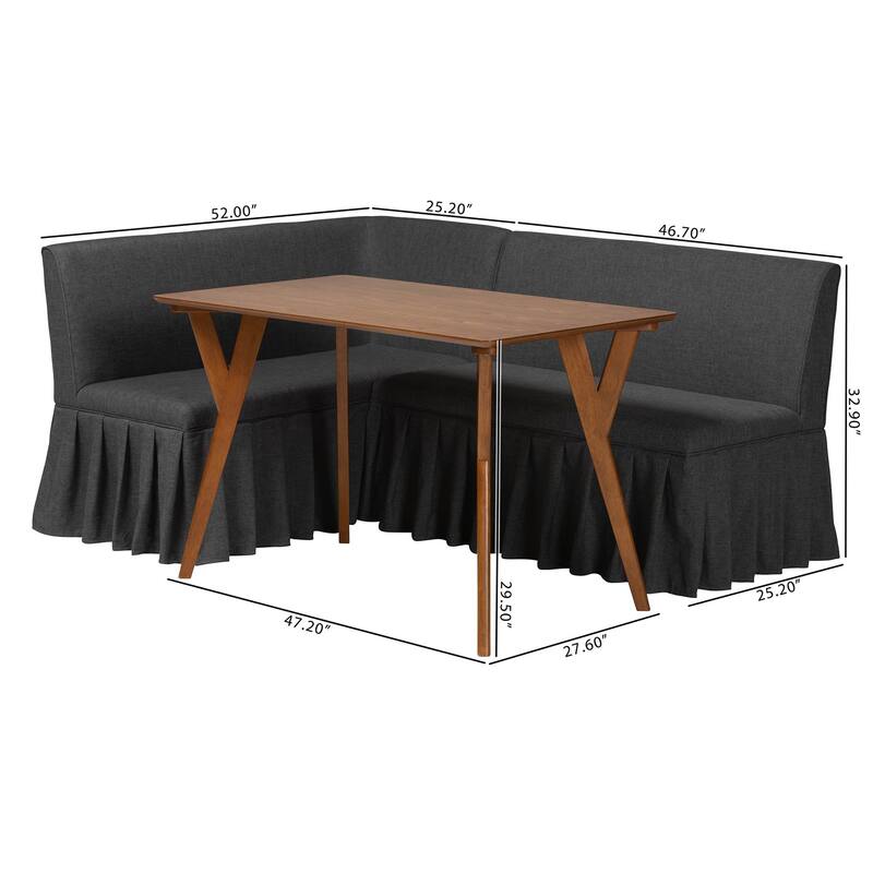 Randolph 3-Piece Fabric Upholstered Dining Nook Set - Corner Kitchen Banquette with Skirted Base, L-Shaped Breakfast Nook