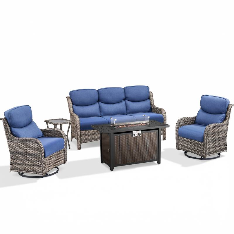 Pocassy Patio Sofa Swivel Chair Set with 43" Fire Pit Table