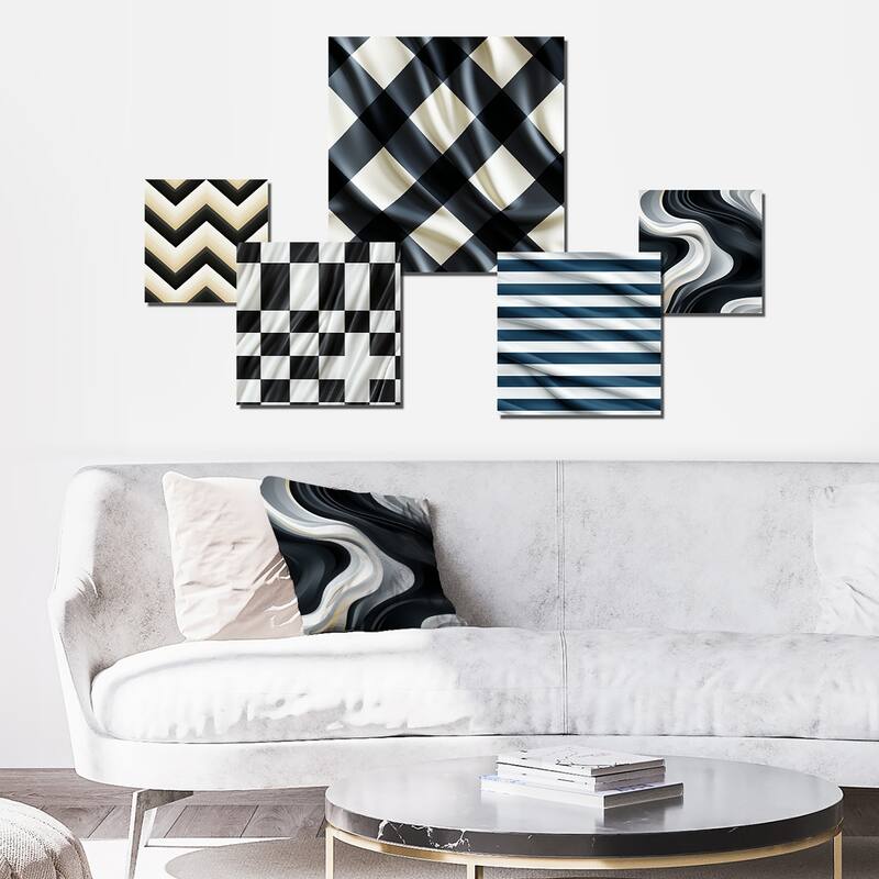 Designart "Monochromatic Chevron Motion I" Chevron Wall Art Set of 5 - Glam White Metal Art Living Room Set