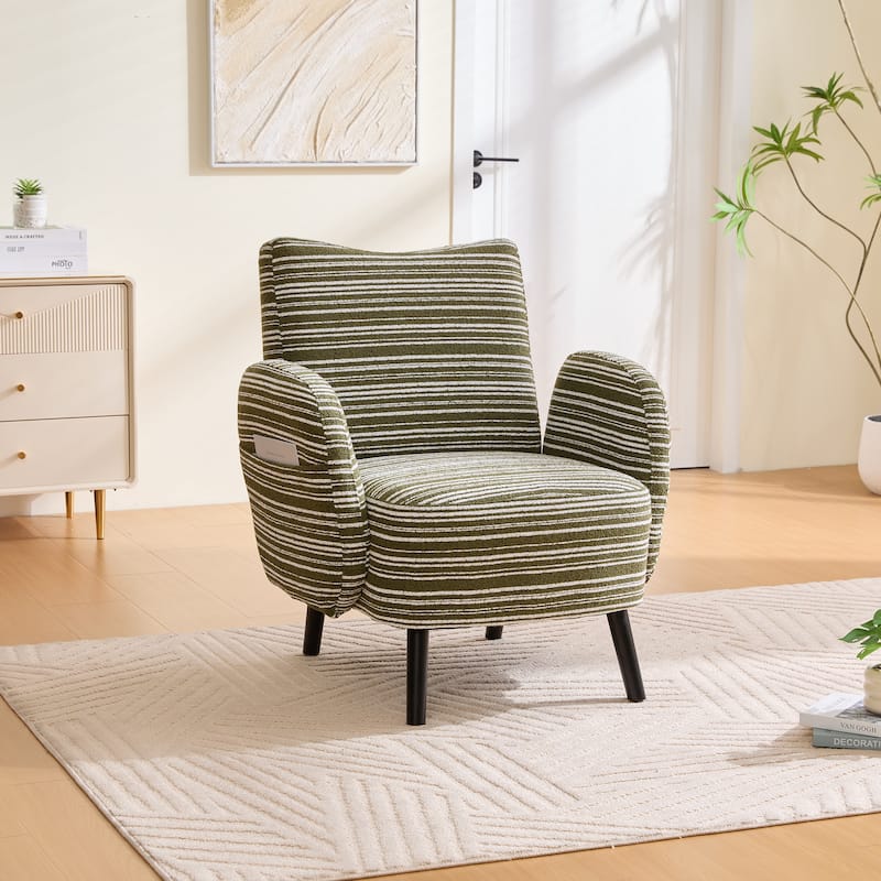 Boucle Upholstered Lounge Armchair, Reading Chair with Side Storage Pocket, Single Sofa Chair with Solid Wood Legs