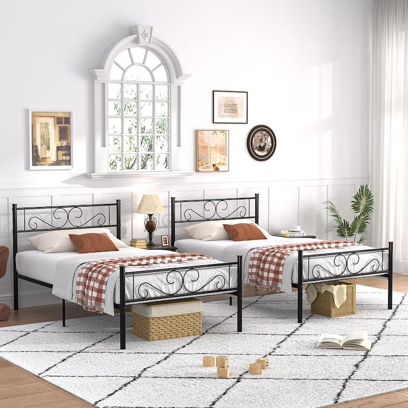 VECELO Kids Bed Frame Set of 2, Metal Bed Frame with Headboard, Twin Size Platform Bed