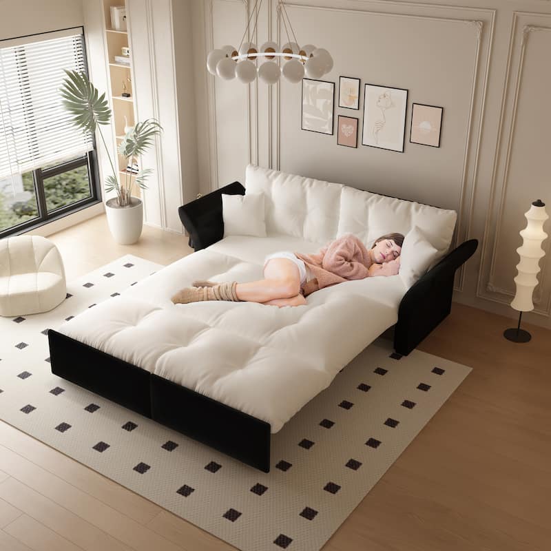 74.8" Queen Sleeper Sofa - 3-in-1 Tufted Velvet Loveseat with Pull-Out Bed & 2 Pillows, Multi-Functional
