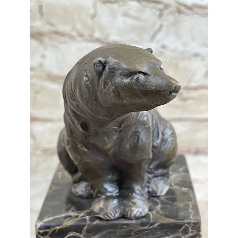 Handmade Signed Sitting Polar Bronze Bookend Book End Marble Sculpture Statue