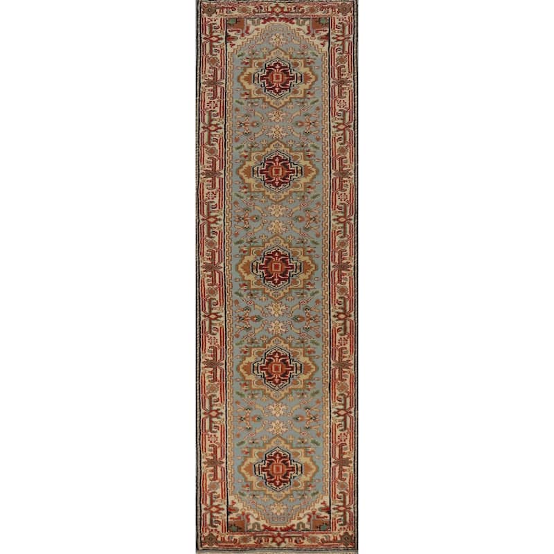 Light Blue Heriz Serapi Runner Rug Handmade Traditional Wool Carpet - 2'7" x 12'2"