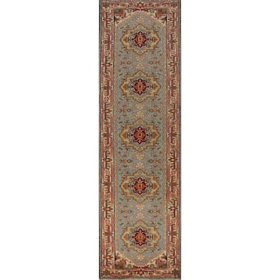 Light Blue Heriz Serapi Runner Rug Handmade Traditional Wool Carpet - 2'7" x 12'2"